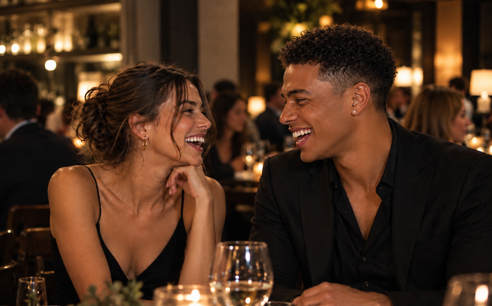 Two people smiling together at dinner